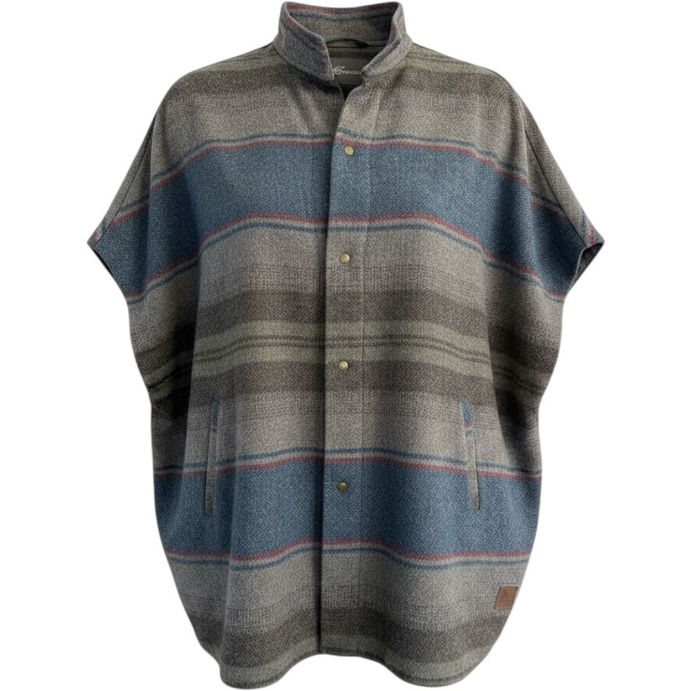 Eddie Bauer Wool Blend Plaid Quarter Zip Pancho Cape Jacket Blue Gray‎ Wrap XS